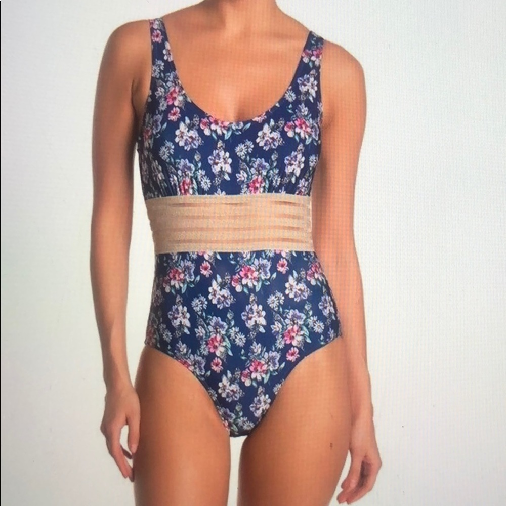 Nicole Miller Navy Floral Shimmer Band One Piece L